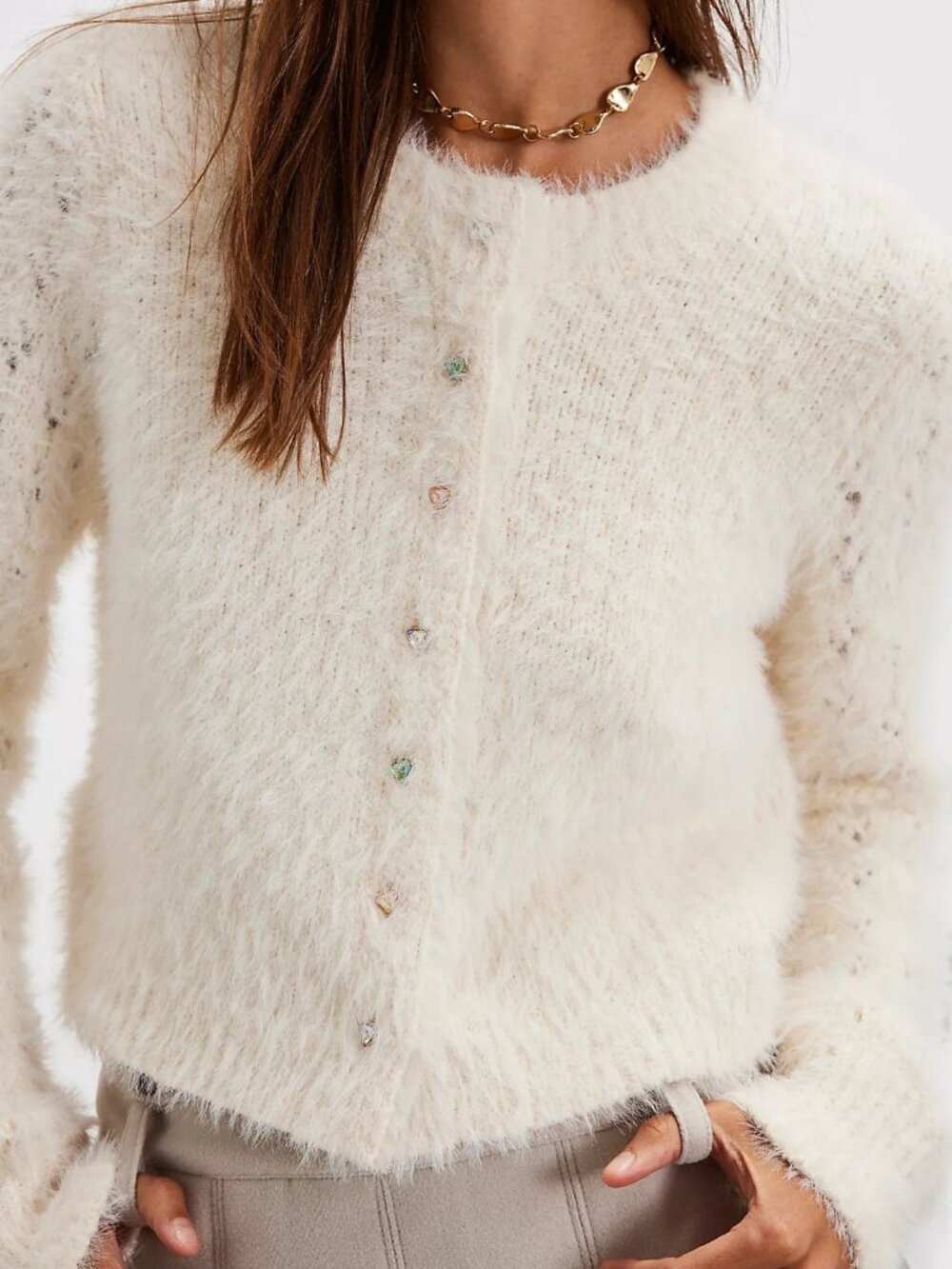 Free People Celeste Fuzzy Jewel Button Cardigan - Ivory - Size Small